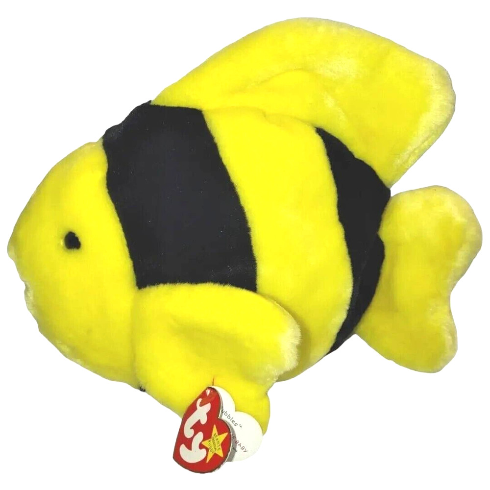 TY Beanie Buddy Bubbles The Fish Vntg Plush 1998 Stuffed Animal Blck/ Yellow Toy